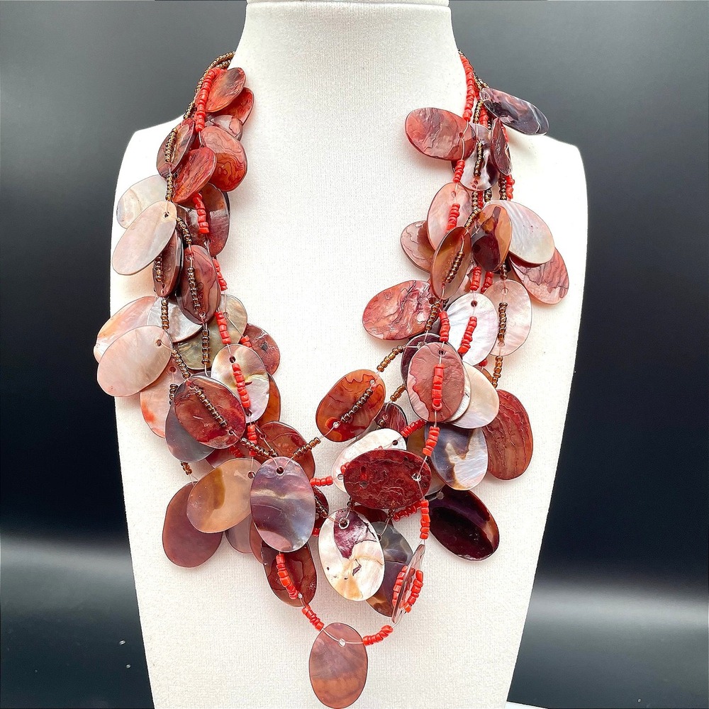 Vintage Bohemian Brown Colour Oval Shell Cluster Statement Abalone Necklace